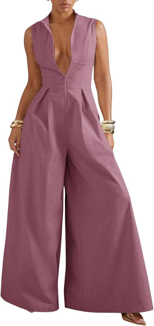Verdusa Women's Zip Up Wide Leg Jumpsuits Sleeveless One Piece Jumpsuit Formal Dressy Casual Spring Outfits (Pink, M)