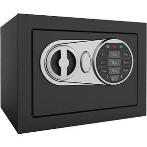 Goldenkey Small Safe Box for Money, Digital Mini Safe Box with Keys&Code for Cash and Coin, Security Home Safes for Kids Personal Items, 6.69"D x 9.05"W x 6.69"H, 0.236 Cu.Ft. (Black)