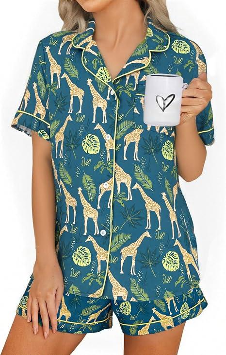 Pajamas for Women Set Short Sleeve Animal Graphic Pajamas Cute Printed Pajama Sets Button Down Pjs Sleepwear | S