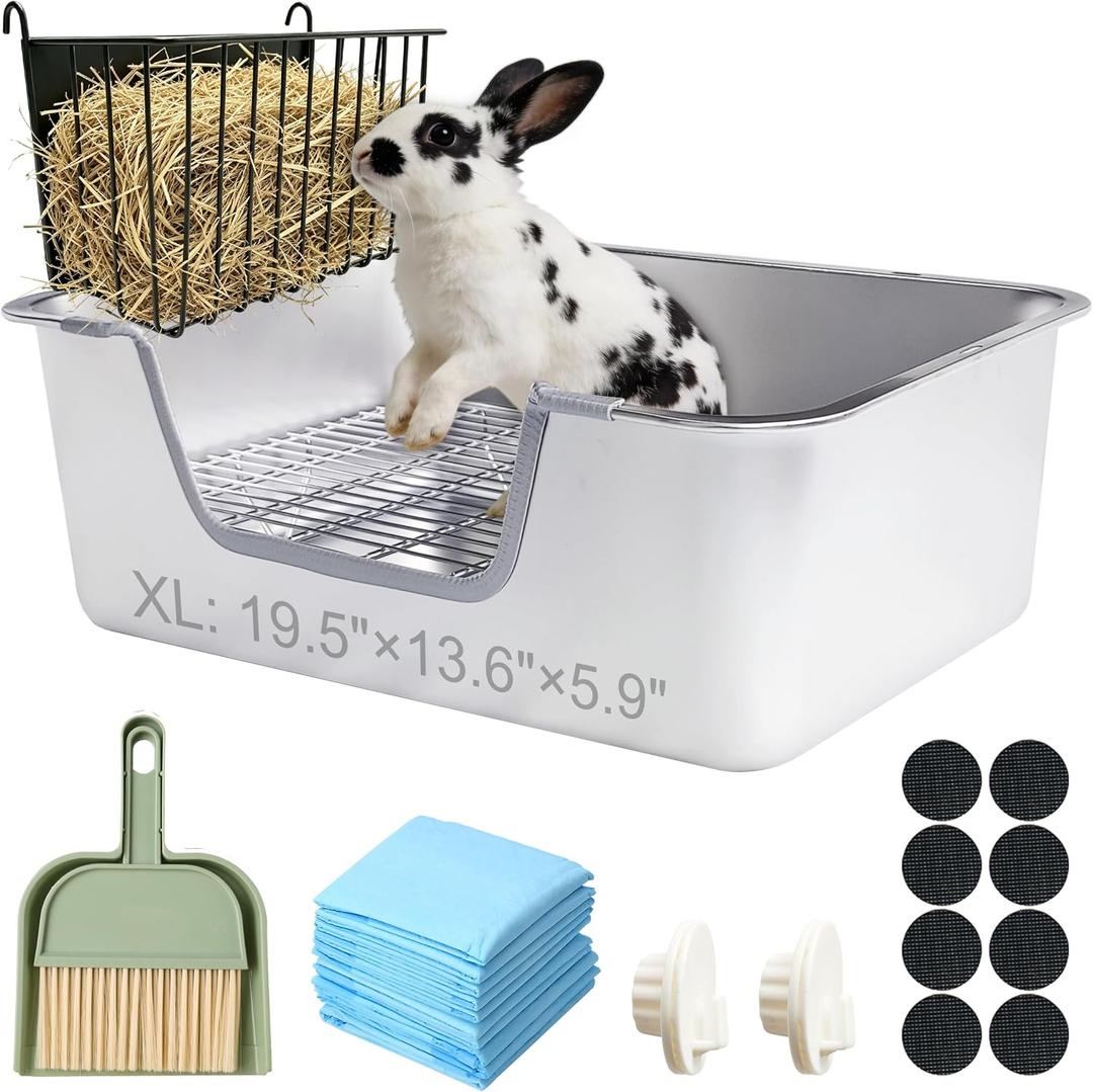 Stainless Steel Rabbit Sifting Litter Box with Hay Feeder (XL)