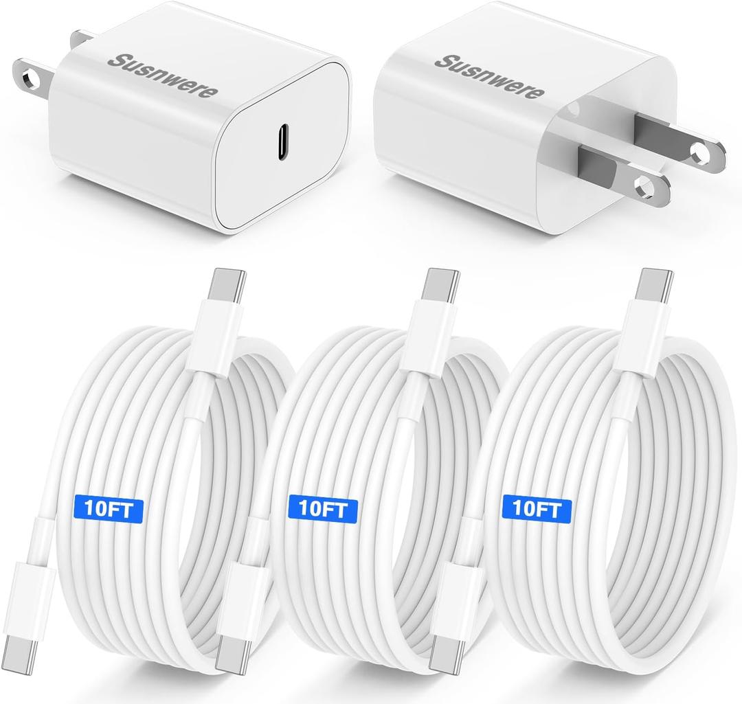 Genuine 20W USB C Charger Block - 2 Pack Fast Charger For iPhone 15/16, iPad Pro, AirPods, Samsung - 3 Pack 10ft USB-C Cable (White)