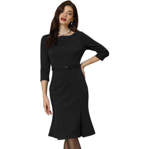Allegra K Business Elegant Funeral Dresses for Women's Boat Neck 3/4 Sleeve Pleated Modest Midi Dress (Medium)
