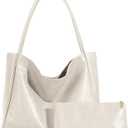 VOCUS Tote Bag for Women 2Pcs Large Casual PU Weekender Bag Soft Vegan Leather Shoulder Hobo Handbag Purse Travel Oversize, Beige