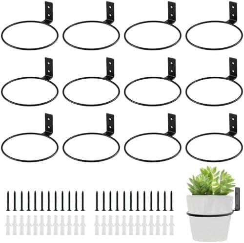 KvyusFlourish 12-Pack 6 Inch Flower Pot Holder Ring Hanging Plant Holder Wall Mount Metal Plant Hangers Indoor Outdoor Planter Hooks Brackets for Patio, Garden, Home, Matte Black