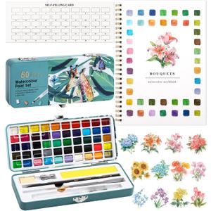 Watercolor Workbook, Water Coloring Book, 12 Different Patterns of Original DIY Designs, 50 Colors Watercolor Paint Set with Palette and Brush, Beginner-Friendly Watercolor Workbooks (Bouquets)