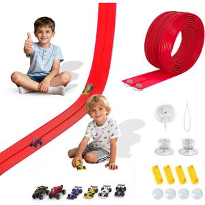Portable DIY 16ft Flexible Race Track with Roll-Up Storage Compatible with 1/64 Diecast Cars Ages 3+Includes 6 Racing Cars Christmas Decorations for Kids (Red)