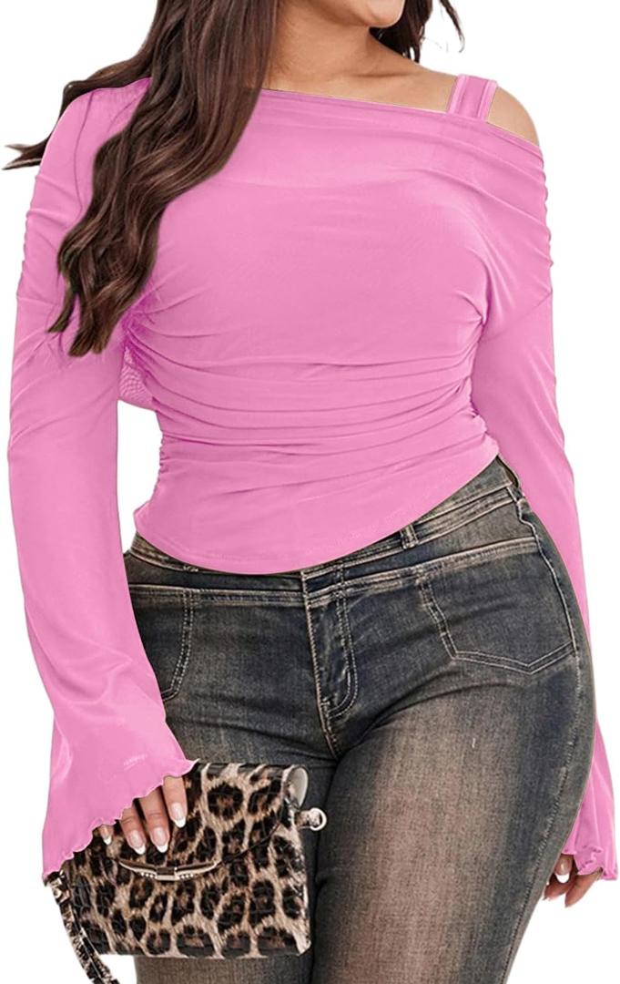WDIRARA Women's Plus Size 2 in 1 Off Shoulder T Shirt Ruched Sheer Bell Long Sleeve Tee (X-Large Plus, Pink)