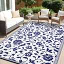 OLANLY Waterproof Outdoor Rug 8x10 ft, Outdoor Plastic Straw Rug with Flower Pattern, Reversible RV Mat for Patio, Camping, Balcony, Deck, Backyard, Navy & White