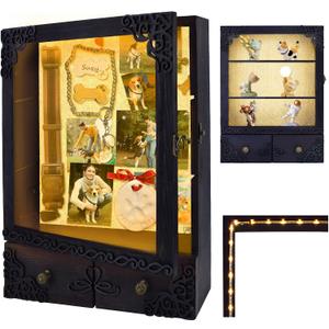 11x16 Shadow Box Frame with Light, Memorial Display Case with Shelves, Drawer and Slot for Keepsakes, Deep Memorial Shadow Box for Pet Memorial, Dog Keepsakes Graduation and Flowers, Black