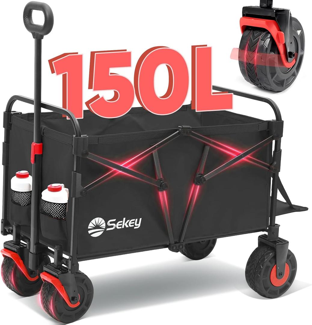 Sekey Wagon Cart with Big All-Terrain Beach Wheels, Collapsible Heavy Duty Extended Wagons with Taligate, Foldable Utility Carts for Camping, Garden, Outdoor, Grocery, Sports. Black