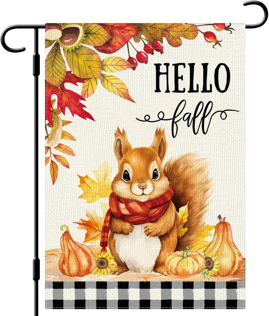 DLZDN Hello Fall Squirrel Garden Flag Autumn Pumpkins Maple Leaves Flag 12×18 Inch Double Sided Buffalo Plaid Farmhouse Yard Flag Thanksgiving Holiday Outdoor Decor