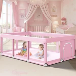 Fshibila 74" 50" Large Baby Playpen, Baby Playard for Babies and Toddlers, Play Pens for Indoor & Outdoor, Sturdy Safety Play Yard with Soft Breathable Mesh, Anti-Fall, Pink