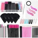 Disposable Makeup Applicators Kit with Triangle Puff Mixing Palette, Artist Supplies Disposable Mascara Wands, Lip Brushes, Hair Clips Powder Puffs for Face with Storage Box (Black and Pink)
