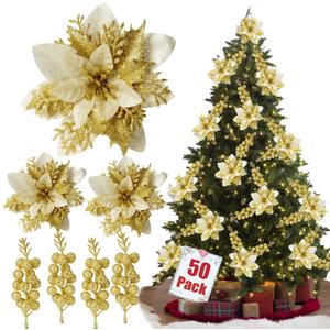 trytuny 50pcs Glitter Poinsettia Christmas Ornaments, Artificial Flowers with Clips Stems for DIY Wreath Making, Holiday Home Party Decorations, Indoor Use (Gold)