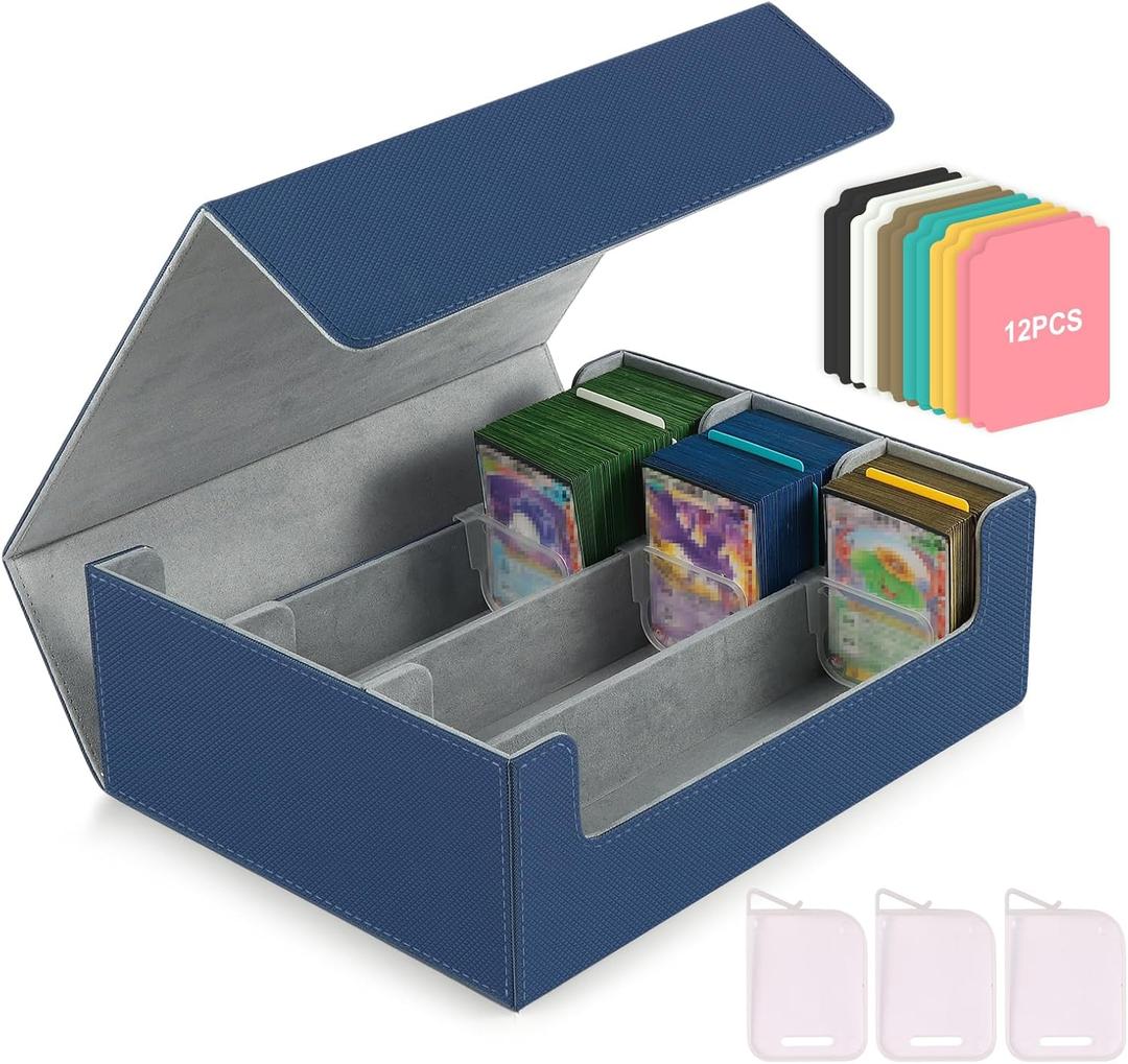 Card Storage Box for Trading Cards,1800+ PU Leather Commander Card Deck Case with 12 Dividers and 3 Supporters, Magnetic Closure Card Holder Fits YuGiOh, MTG and Sport Cards(Blue, 3-Row)