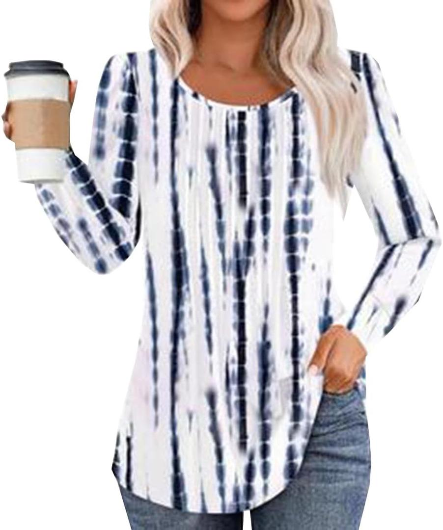 LOVESHOOT Womens Long Sleeve Blouse Fall Dressy Casual Pleated Crew Neck Shirts Floral Bohemian Tunic Tops (XL)