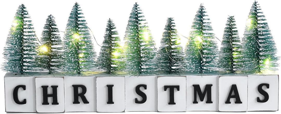 LED Lighted Christmas Tree Tabletop Decoration, Rustic Wooden Christmas Decor with Mini Trees, Xmas Sign Block Table Farmhouse Winter Holiday Centerpiece for Indoor Mantel, Shelf (Green)