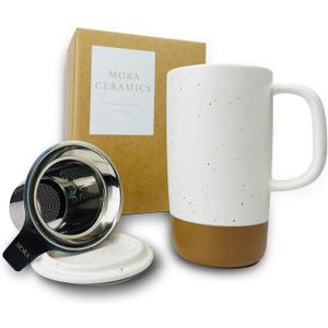 Mora Ceramics Large Tea Mug with Loose Leaf Infuser and Ceramic Lid, 18 oz, Portable, Microwave and Dishwasher Safe, Tall Coffee Cup - Rustic Matte Ceramic Glaze, Modern Herbal Tea Strainer, Cotton