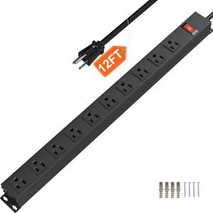 CFMASTER 10 Outlet Metal Power Strip with 12Ft/125V/15A Long Extension Cord Black Heavy Duty Power Strip for Kitchen, Office, School, Commercial, Workshop, Industrial, ETL Certified and Listed, Black (12FT)