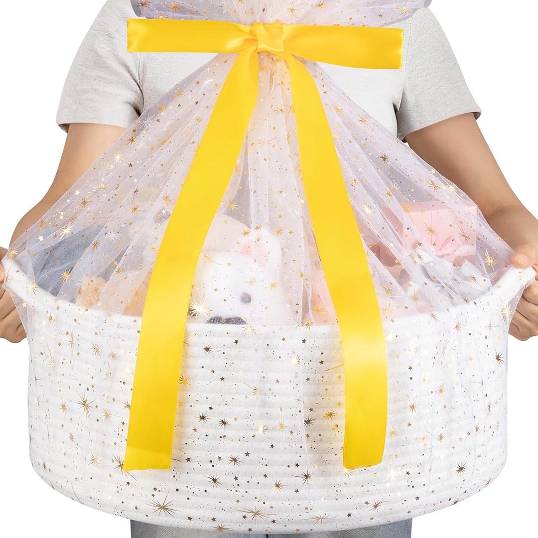 OIAHOMY Large Gift Basket Empty 17" x 12.6" x 7", Storage Basket with Gift Bag, Ribbon and Glitter Tulle for DIY Anytime, Toy Storage for Kids, Dogs with Handles in A Stylish Design - White