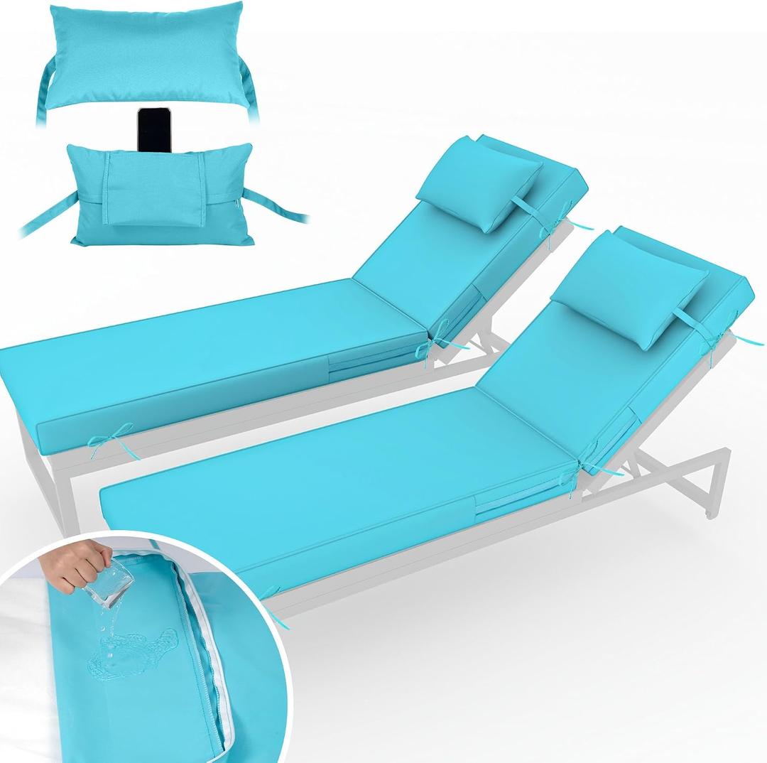 Chaise Lounge Cushions Outdoor Set of 2 Lounge Chair Cushion 72" L x 21" W with Headrest Straps 3'' Thick Waterproof Patio Chaise Cushions Pool Lounger Chair Cushion(Lake Blue), 72"L x 21"W x 3" T - 2Set