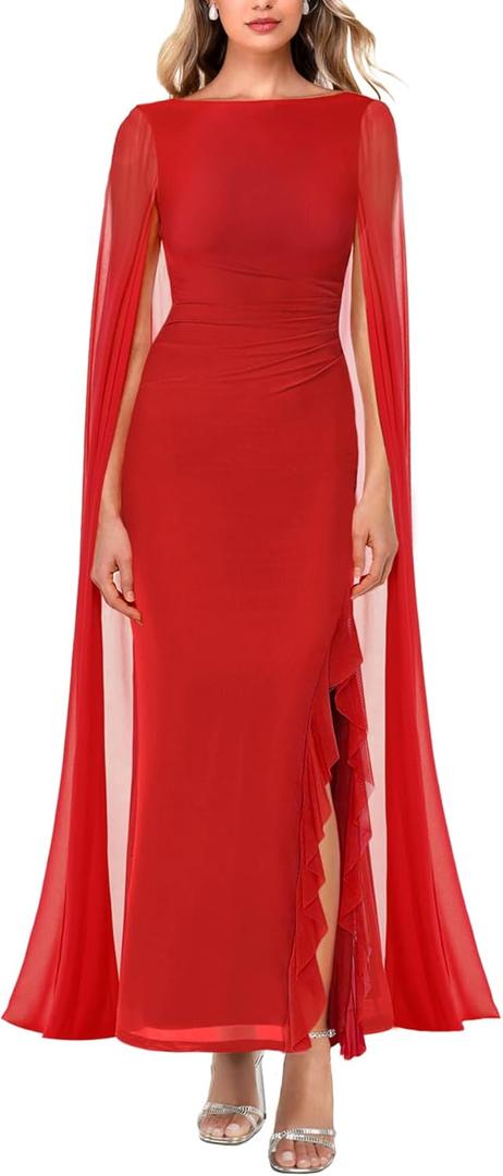 MAYFASEY Women's Sexy Elegant Long Sleeve High Split Mesh Ruched Formal Long Evening Party Maxi Dress with Cape (Red, M)