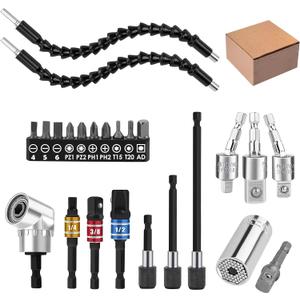 24pcs Flexible Drill Bit Extension Set, 105Right Angle Drill Attachmen, Rotatable Joint Socket 1/4 3/8 1/2 Inch Hex Socket Adapter Socket Screwdriver with a Box (Black)