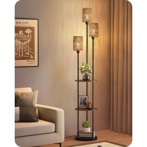 Floor Lamp with Shelves, Boho Floor Lamp with Foot Switch, 3-Light Standing Lamp, for Living Room, Bedroom, Study, Rustic Brown and Yellow YF53LD05, Rustic Brown+Rattan﻿