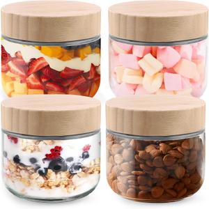 Glass jar with Bamboo lids, 10oz Overnight Oats Containers with lids, Glass Mason jars, Reusable Meal Prep Jars with Airtight Lids for Food Yogurt Snacks Storage(4PACK)