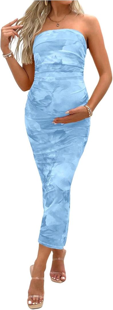 Milumia Strapless Maternity Wedding Guest Dress Summer Baby Shower Dress | Floral,Photography Dress,Maxi Length,Mom To Be,Plus Size Baby Shower Dress,Maternity Dress (Blue, L)
