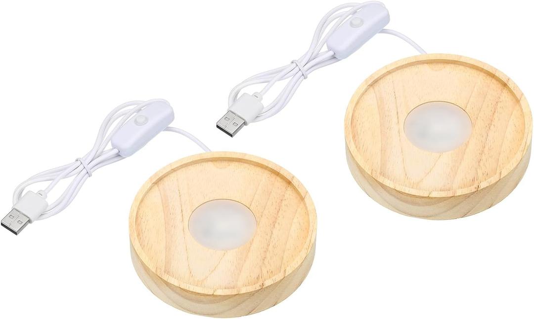 PATIKIL 4 Inch Wooden LED Light Base, 2pcs Wood Light Display Base Stand Lighting with Switch for 3D Crystal Glass Aroma Stone Art, White Light