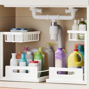 VUSIGN 2 Tier Under Sink Organizer, Slide Out Pull Out Cabinet Organizer, Cabinet Kitchen Bathroom Storage Organization Shelf, 2 Pack, White
