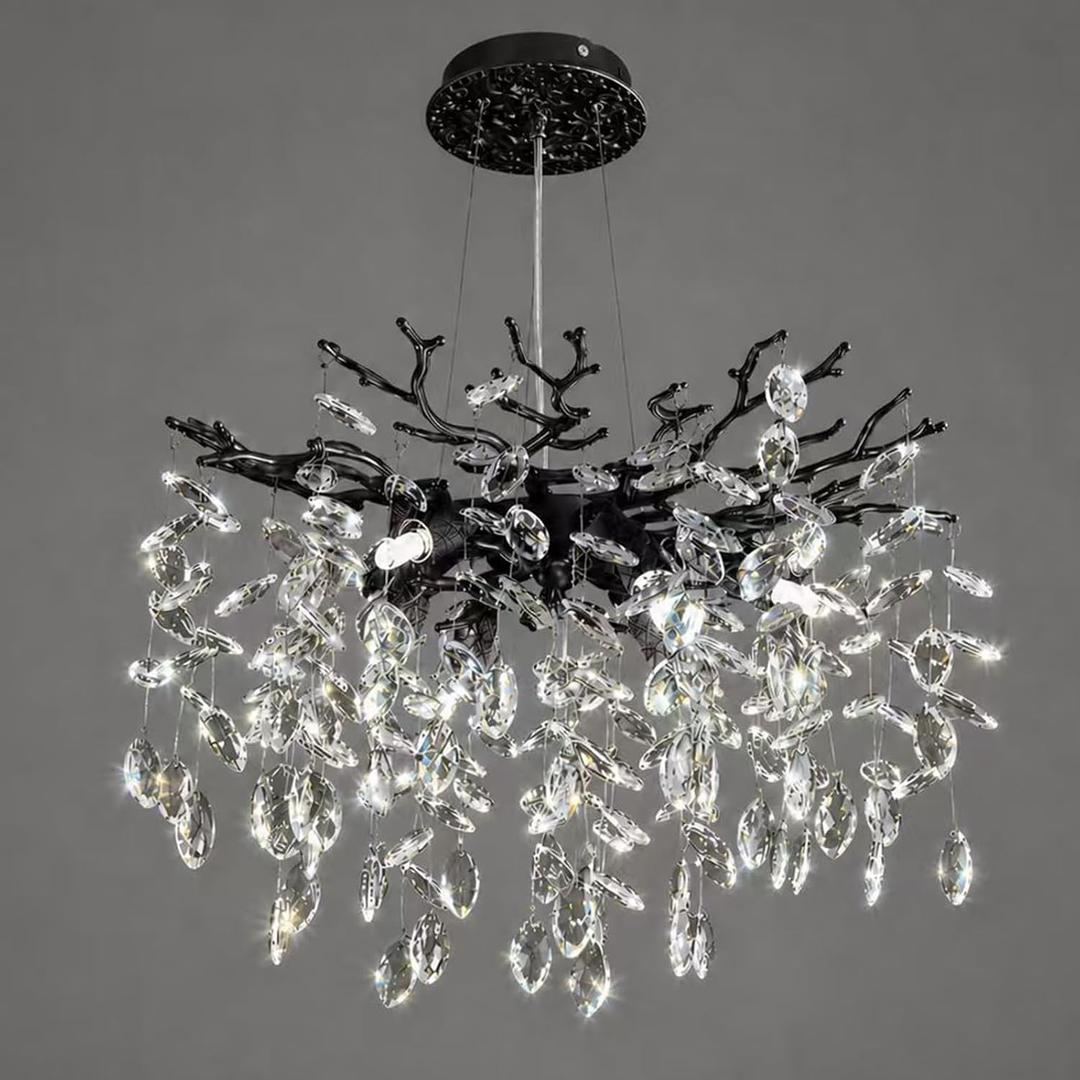 Modern Tree Branch Crystal Chandelier 18'' Luxury Matte Black Crystal Chandeliers 6-Light Crystals Pendant Chandeliers for Dining Room Kitchen Bedroom Foyer Entryway, A-Round-D 18 Inch