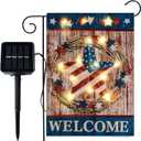 Welcome Patriotic Barn Star Garden Flag with Lights- Solar LED Burlap Mini Small All Seasons Garden Flag Welcome Sign 12x18 Double Sided for Outside Outdoors Patio Lawn Yard Decoration Farmhouse