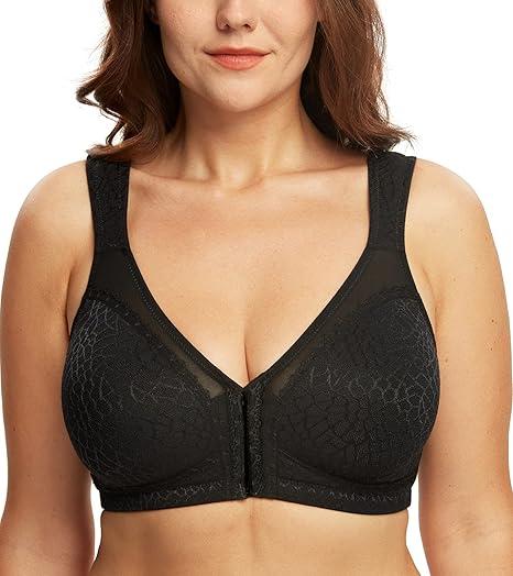 DotVol Women's Full Figure Front Closure Wirefree Jacquard Back Support Posture Bra 40B