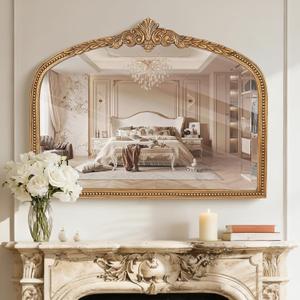 Farmhouse Wide Arched Mirror - 32x42 Inches Antique Gold Baroque Wooden Mirrors, Vintage Ornate Beaded Decorative Mirror for Living Room, Mantel