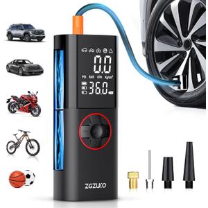 Tire Inflator Portable Air Compressor, 150PSI Rechargeable Air Pump for Car Tires with Battery, Cordless Tire Pump with Pressure Gauge & LCD Dual Screen, for Cars, Motorcycles, Bikes, Balls (Red)