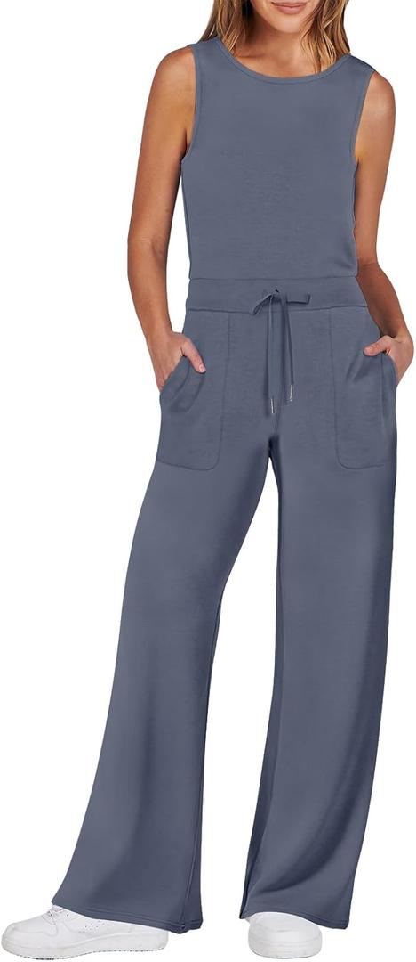 ANRABESS Womens Jumpsuits 2025 Summer Casual Dressy Romper Sleeveless Wide Leg Long Pants One Piece Outfits Vacation Clothes (Large, Gray Blue)