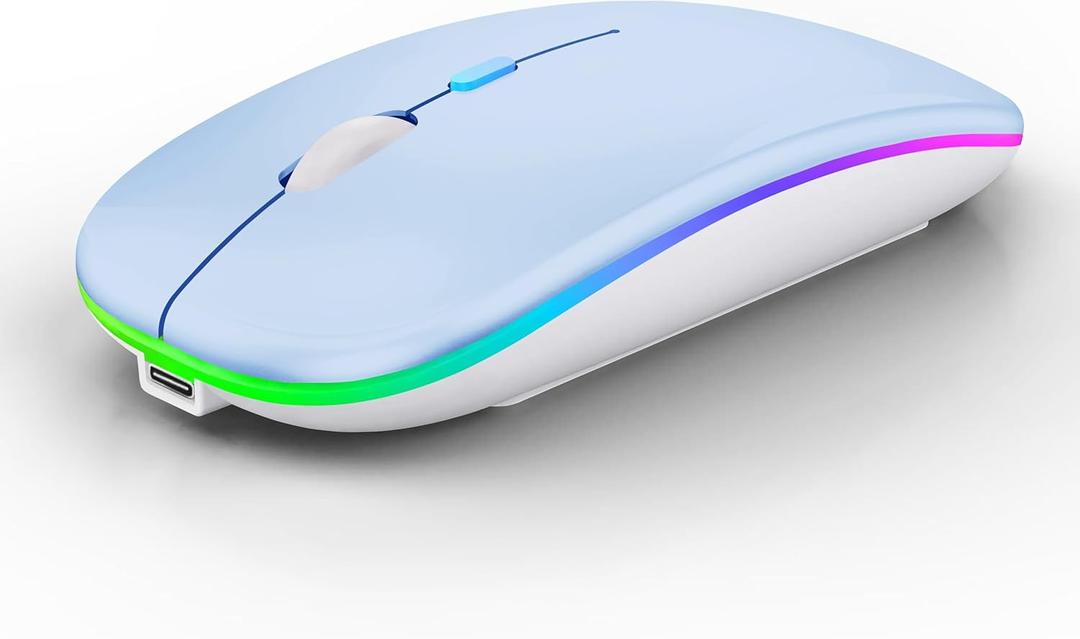 WREANU Wireless Bluetooth Mouse Rechargeable Laptop Mice with LED Lights Silent Slim Use(BT5.2 and 2.4G Portable USB) Dual Mode Computer Mouse for Laptop/iPad/Tablet/Apple/Computer/Mac (Blue)