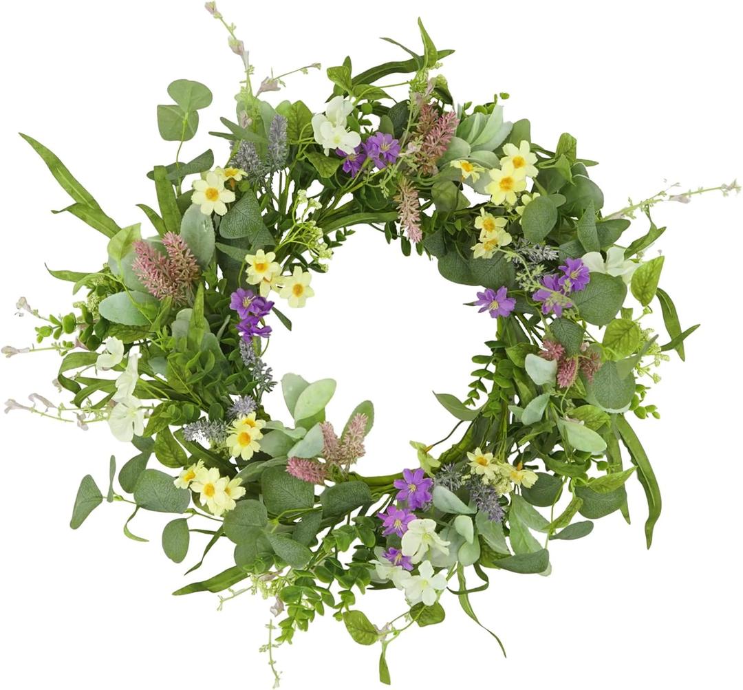YNYLCHMX 18" Spring Summer Wreaths for Front Door, Artificial Floral Wreath with Multi-Colored Flower & Green Eucalyptus Leaves, Green Foliage Wreath for Wall Window Farmhouse Party Holiday Home Decor