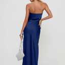 DAAWENXI Women's Summer Sexy Strapless Satin Tube Bodycon Midi Dress Side Slit Cocktail Party Long Dresses (Blue, L)