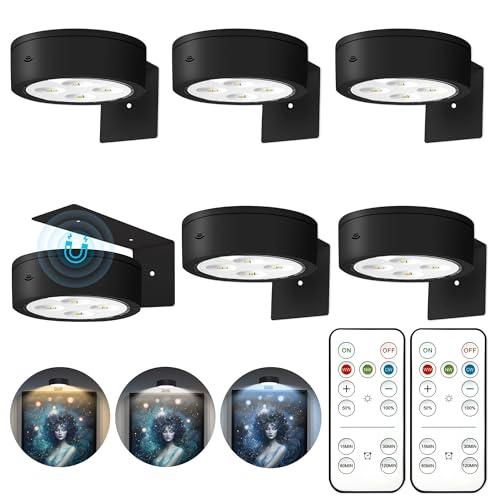 6Pcs Picture Lights for Wall Battery Operated, Magnetic Led Painting Light with Remote Dimmable and Timer, 3 Lighting Modes Art Display Light for Picture Frame, Wireless Wall Decor Puck Lights, Black,Missing 2 lights