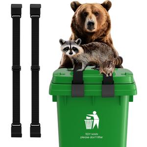 2Pcs Raccoon-Proof Trash Can Locks - Metal Double Claw Strap for 28-96 Gallons, Adjustable Anti-Rust Bungee Cord, Universal Outdoor Waste Bin Lid Lock (Black)
