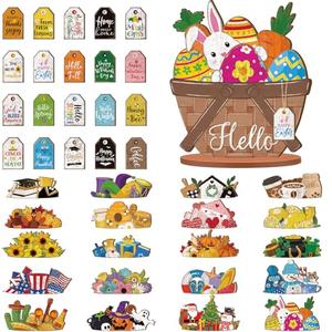 Anglechic 42 Pcs Small Interchangeable Easter Flower Basket Decor Holiday Seasonal Wooden Sign Rustic Farmhouse DIY Hanging Drop Spring Home Office Desk Accessories Tiered Tray Decorations Gift