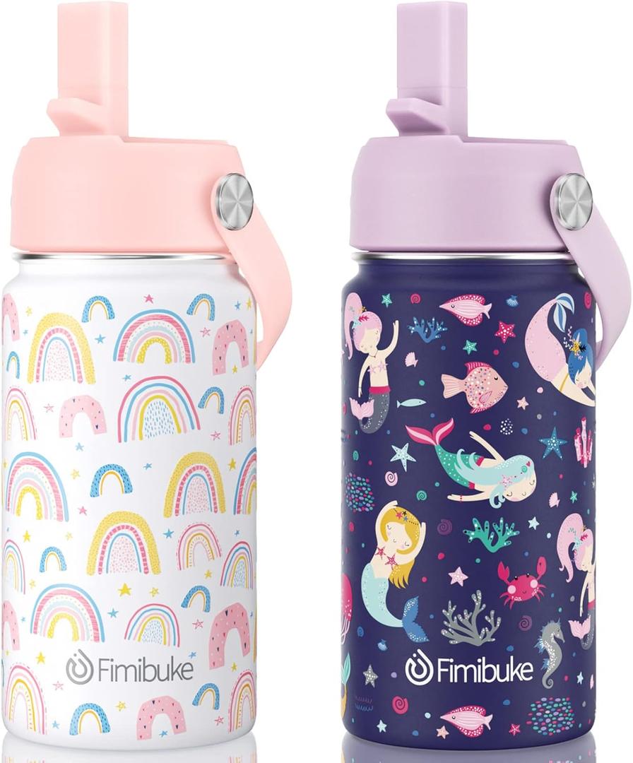 Fimibuke Kids Insulated Water Bottle, 14oz BPA FREE Double Wall Vacuum Tumbler 18/8 Stainless Steel Leak Proof Kids Cups with Straw Metal Water Bottle for School Boy Girl (Pack of 2, RAINBOW/MERMAID)