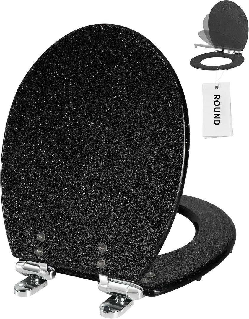 Angol Shiold Black Round Resin Toilet Seat Soft Close Quick Release Metal Zinc Alloy Hinge Easy to Install also Easy to Clean, Decorative Acrylic Seats (17 Inch, Black Starlight Glitter)