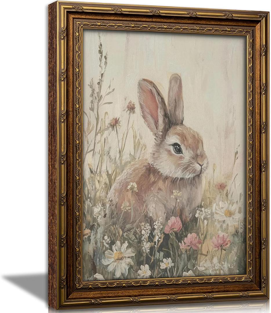 Vintage Gold Framed Bunny Wall Art, Spring Rabbit and Wildflowers Cottagecore Painting Canvas Print, Country Animal Picture Wall Decor, Rustic Farmhouse Floral Poster Artwork for Living Room Bedroom, 24"L x 16"W