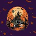Halloween Shirts for Women: Castle Pumpkin Pattern Halloween Party Short Sleeve Costumes Crewneck T-Shirt (Purple, M)