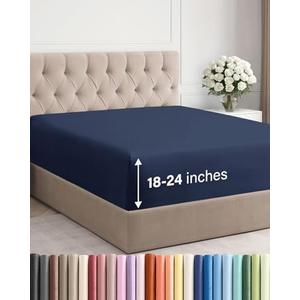 Extra Deep King Fitted Sheet - Hotel Luxury Single Fitted Sheet Only - Easily Fits 18 inch to 24 inch Mattress - Ultra Soft, Wrinkle & Fade Free w/Extra Deep Pockets - Breathable & Comfy - Navy Blue