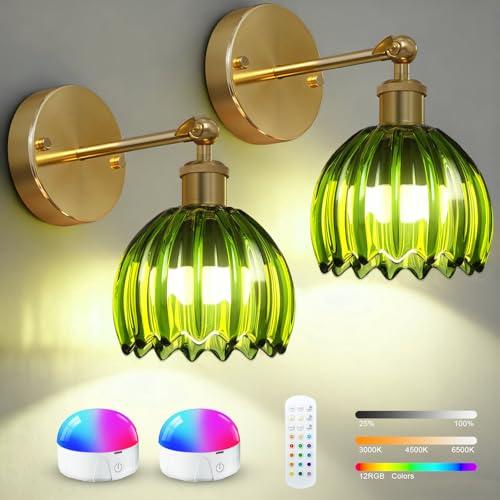 SMARYONG Vintage Battery Operated Wall Sconces Set of Two, with Green Tulip Glass Lampshade, Wireless Rechargeable Battery Powered Wall Light for Bedroom Living Room Bathroom Hallway Home Decor